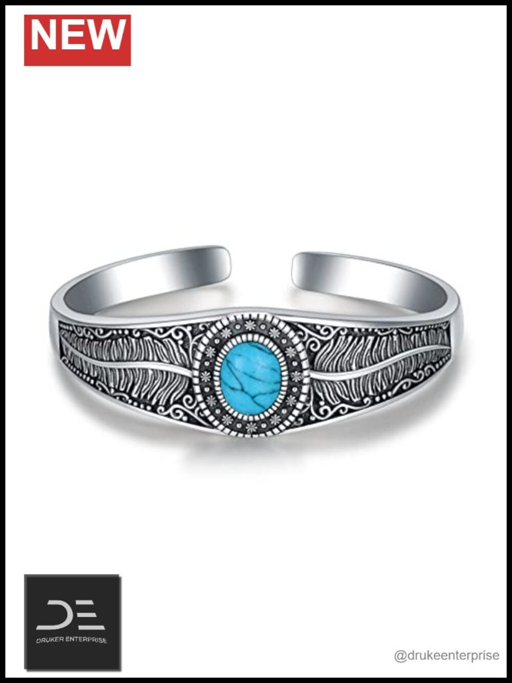 925 Sterling Silver Turquoise Feather Cuff Bracelet Handmade Adjustable Bangle